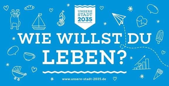 blauer Hintergrund, darauf der Text: Wie willst du leben? und das Logo der Leitbildkampagne sowie verschiedene gezeichnete Symbole
