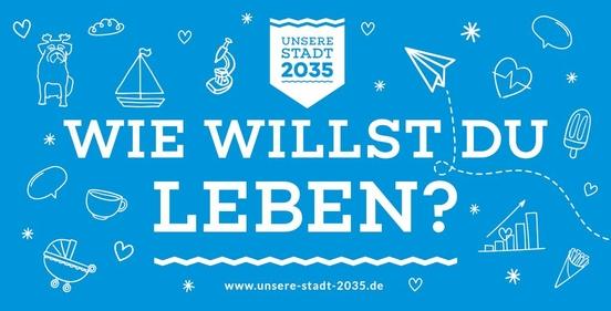 blauer Hintergrund, darauf der Text: Wie willst du leben? und das Logo der Leitbildkampagne sowie verschiedene gezeichnete Symbole